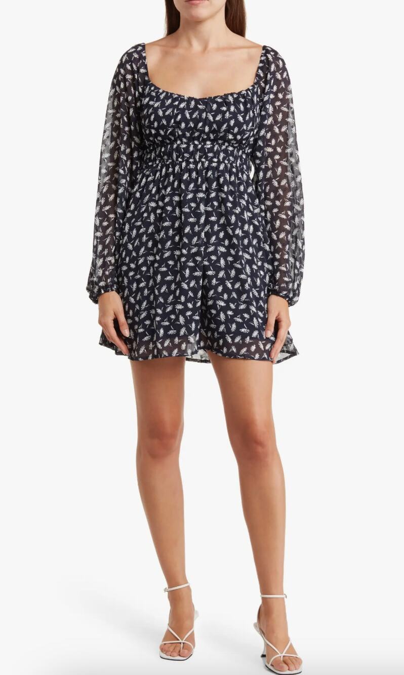 LUSH Romper Womens L Navy Blue Floral Long Sleeve Semi Sheer Summer Festival